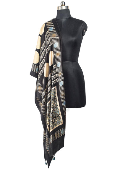 Ajrakh Modal Silk Natural Dye Hand Block Print Stole With Tassels - 2 Mtr Length    -  SKU : AI26901B