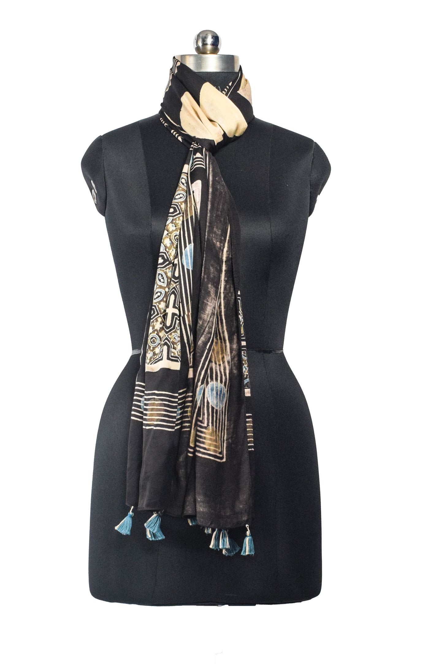 Ajrakh Modal Silk Natural Dye Hand Block Print Stole With Tassels - 2 Mtr Length    -  SKU : AI26901B
