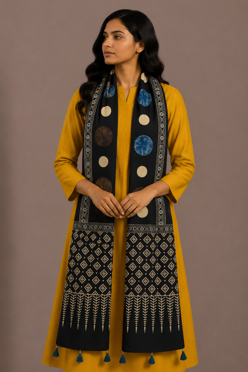 Ajrakh Modal Silk Natural Dye Hand Block Print Stole With Tassels - 2 Mtr Length    -  SKU : AI26901C