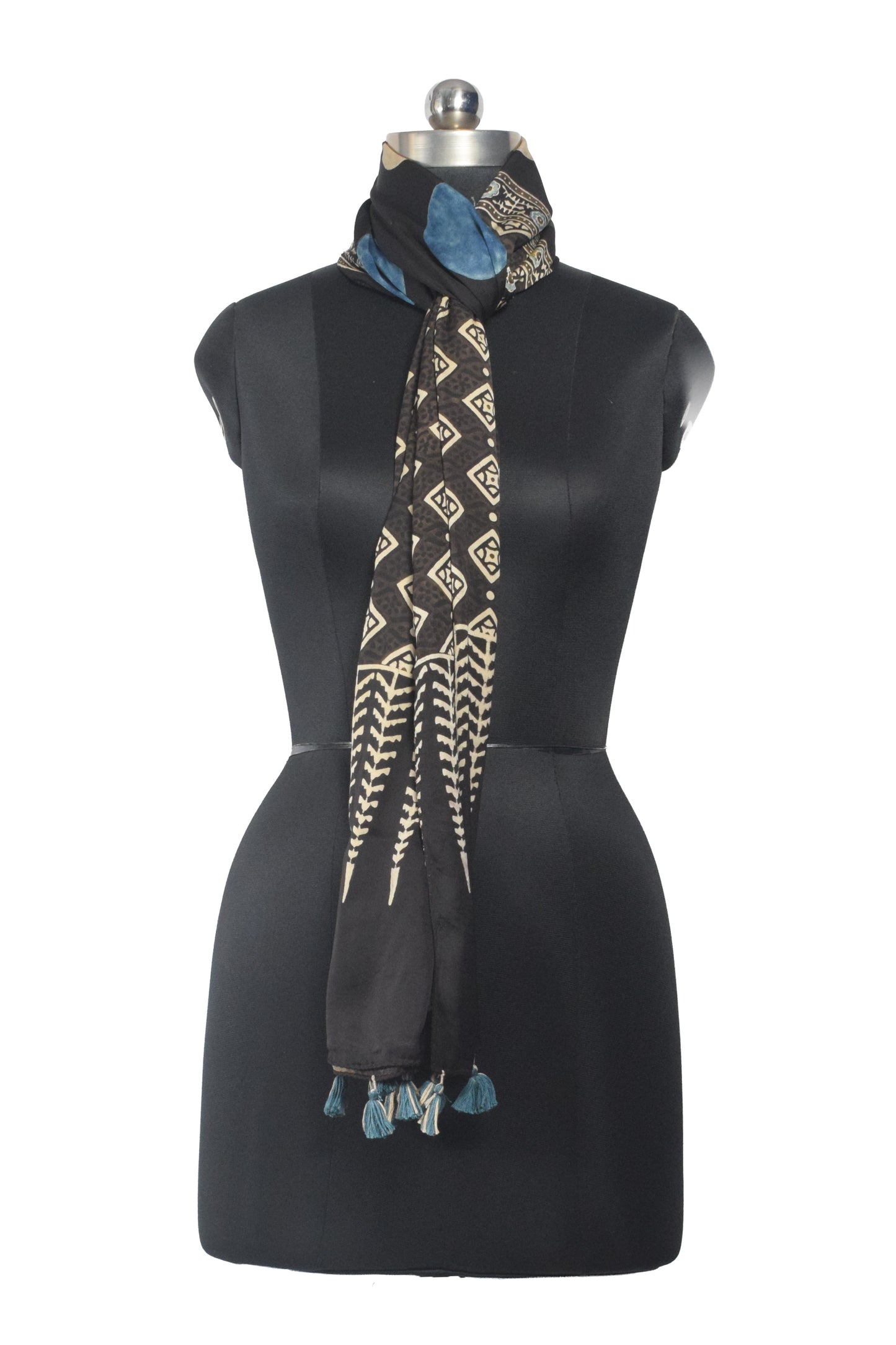 Ajrakh Modal Silk Natural Dye Hand Block Print Stole With Tassels - 2 Mtr Length    -  SKU : AI26901C