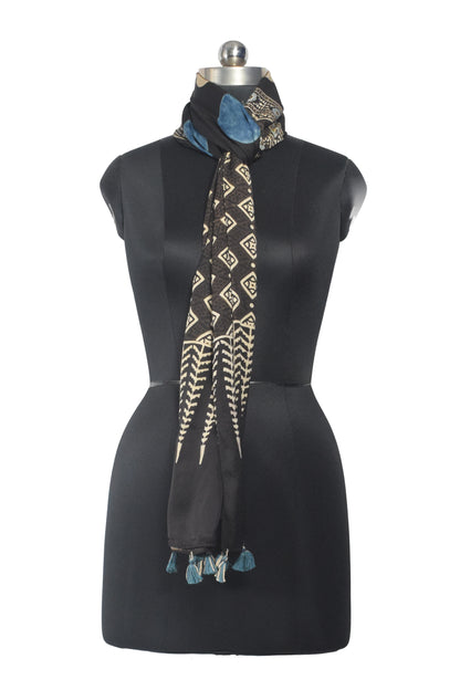 Ajrakh Modal Silk Natural Dye Hand Block Print Stole With Tassels - 2 Mtr Length    -  SKU : AI26901C