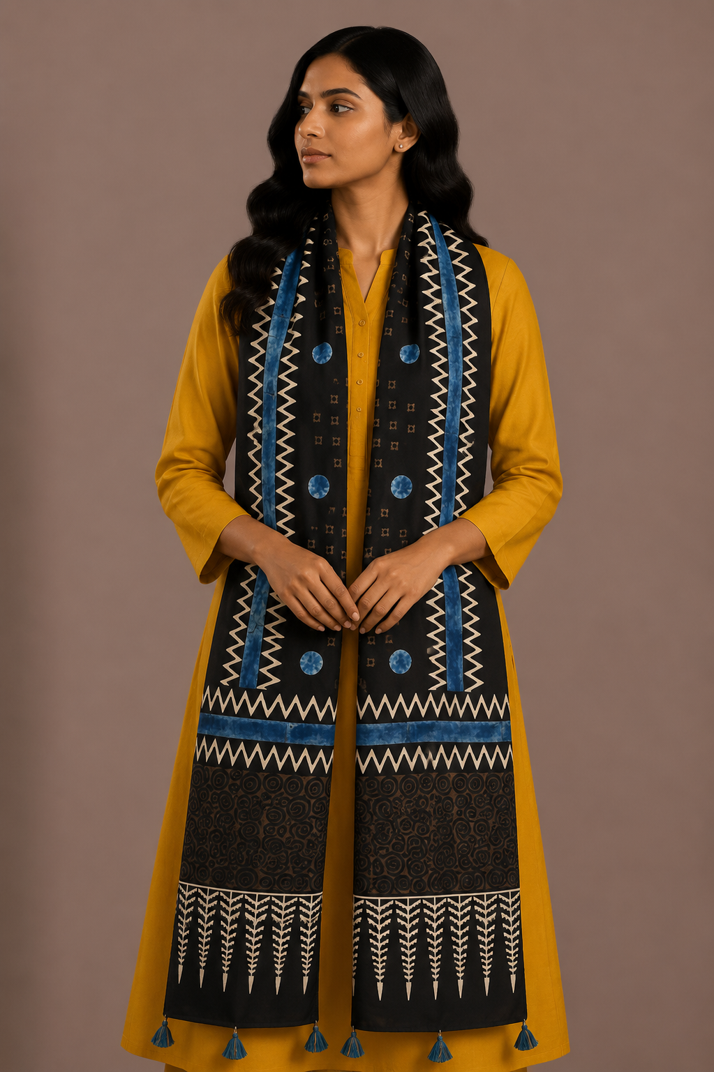 Ajrakh Modal Silk Natural Dye Hand Block Print Stole With Tassels - 2 Mtr Length    -  SKU : AI26901D