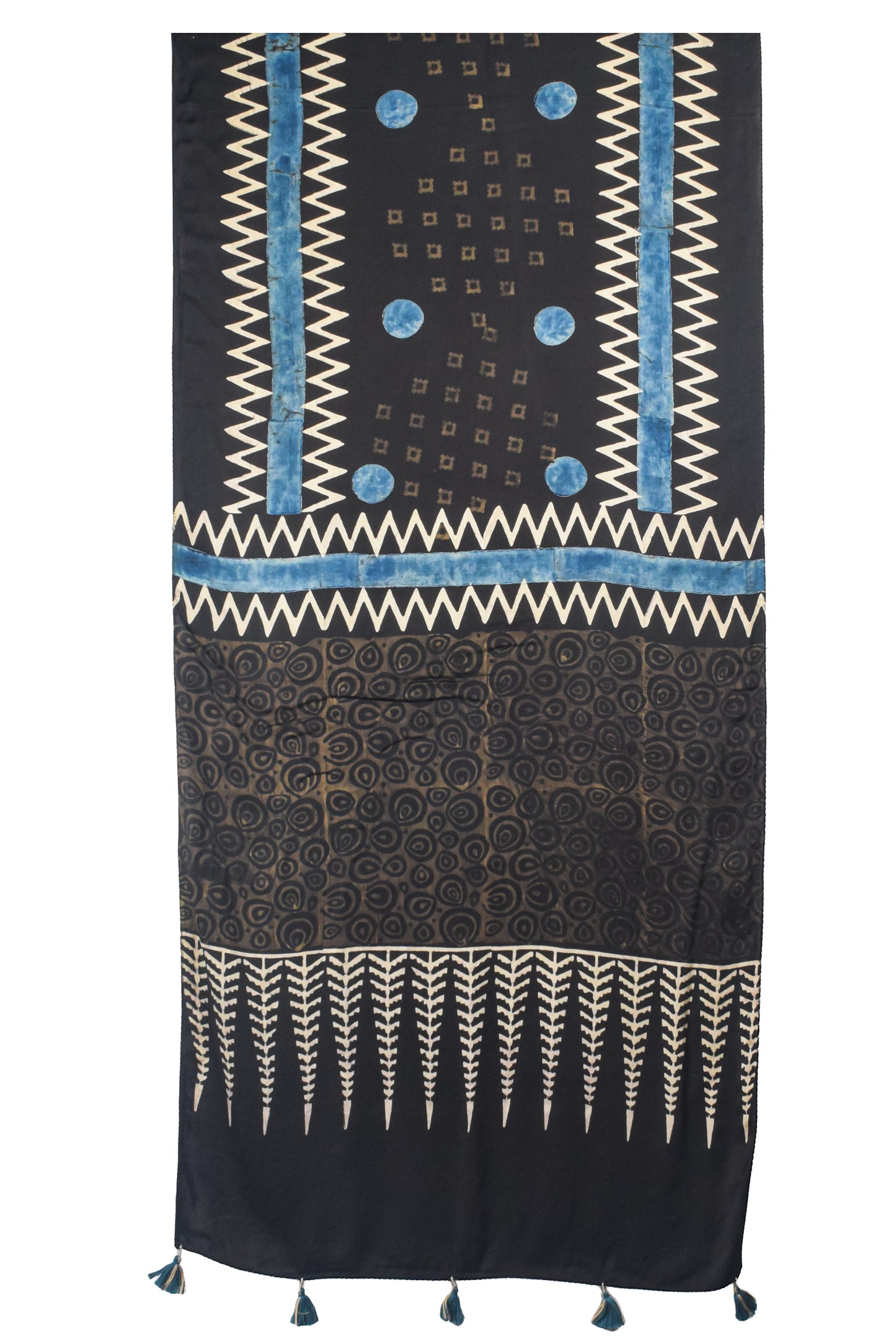 Ajrakh Modal Silk Natural Dye Hand Block Print Stole With Tassels - 2 Mtr Length    -  SKU : AI26901D