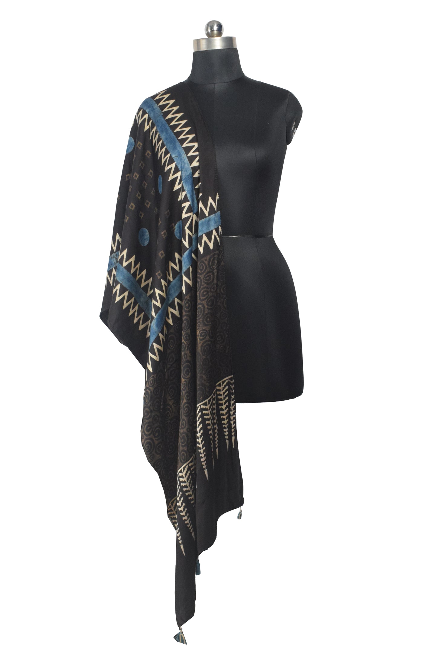 Ajrakh Modal Silk Natural Dye Hand Block Print Stole With Tassels - 2 Mtr Length    -  SKU : AI26901D