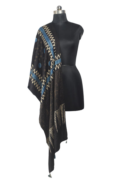 Ajrakh Modal Silk Natural Dye Hand Block Print Stole With Tassels - 2 Mtr Length    -  SKU : AI26901D