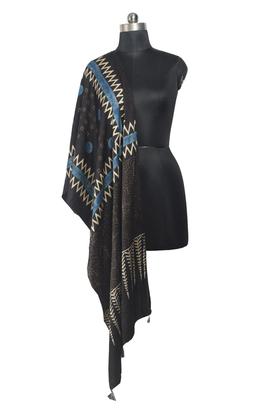 Ajrakh Modal Silk Natural Dye Hand Block Print Stole With Tassels - 2 Mtr Length    -  SKU : AI26901D