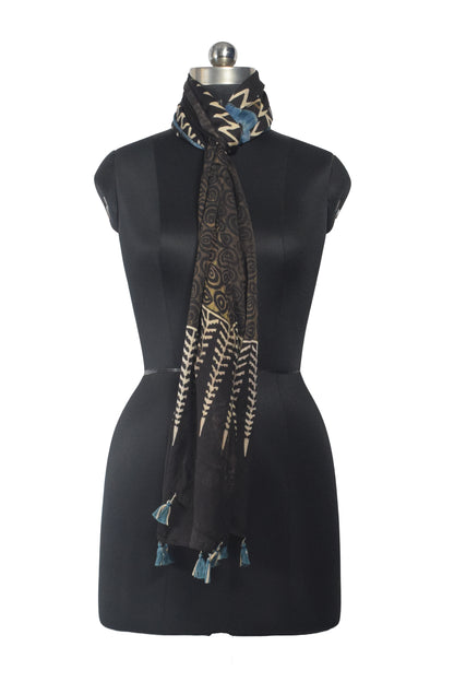 Ajrakh Modal Silk Natural Dye Hand Block Print Stole With Tassels - 2 Mtr Length    -  SKU : AI26901D