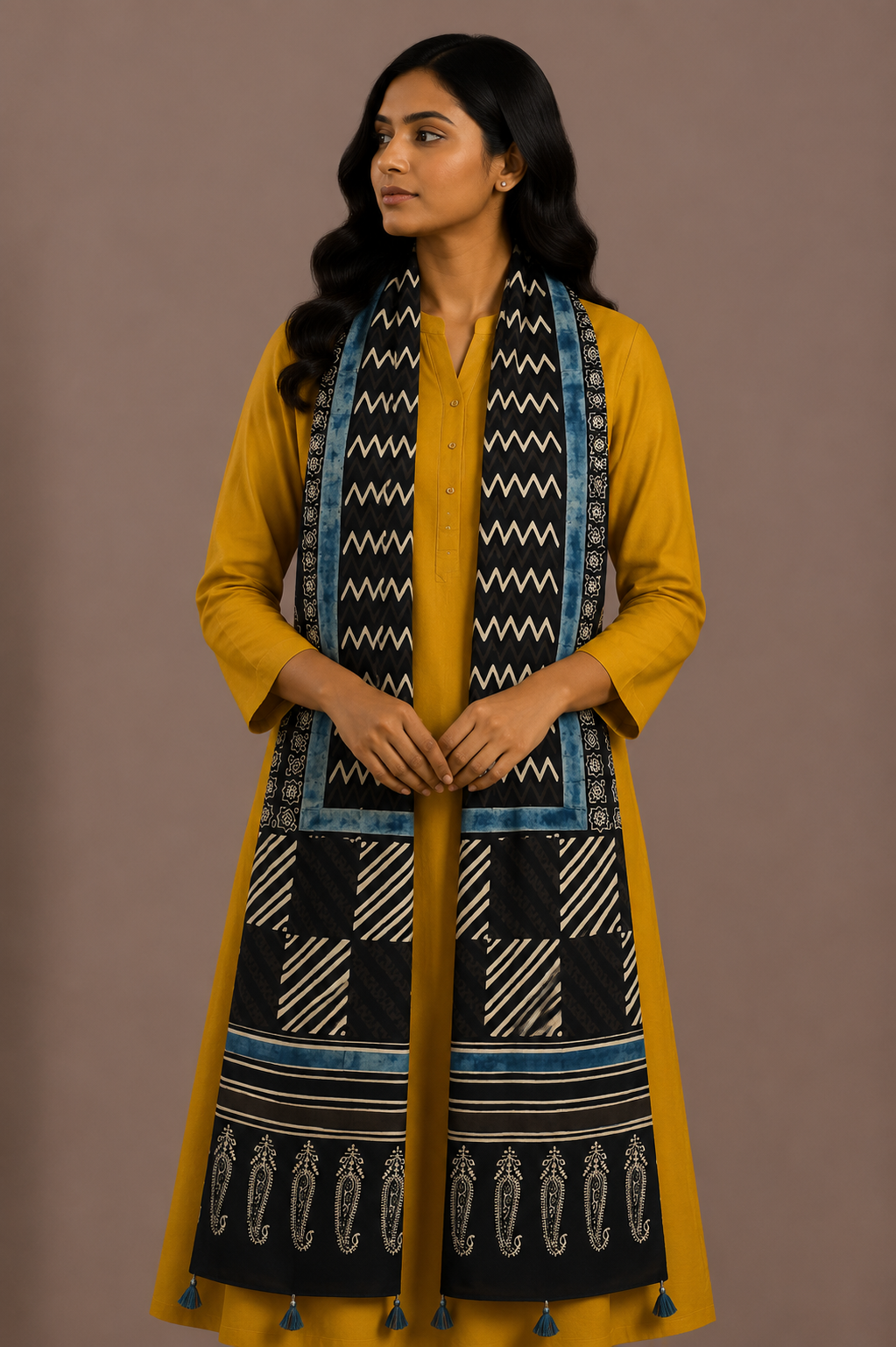 Ajrakh Modal Silk Natural Dye Hand Block Print Stole With Tassels - 2 Mtr Length    -  SKU : AI26901E
