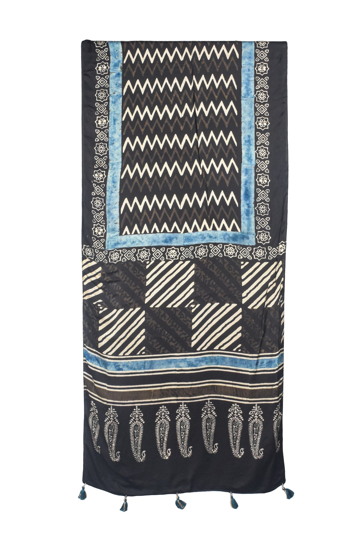 Ajrakh Modal Silk Natural Dye Hand Block Print Stole With Tassels - 2 Mtr Length    -  SKU : AI26901E