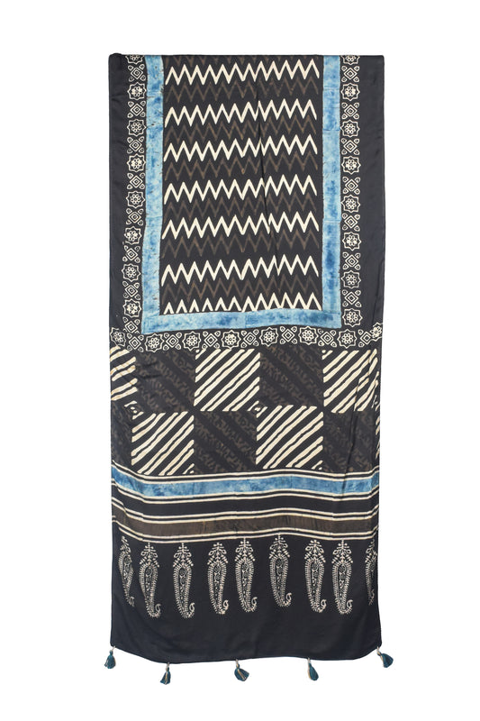 Ajrakh Modal Silk Natural Dye Hand Block Print Stole With Tassels - 2 Mtr Length    -  SKU : AI26901E