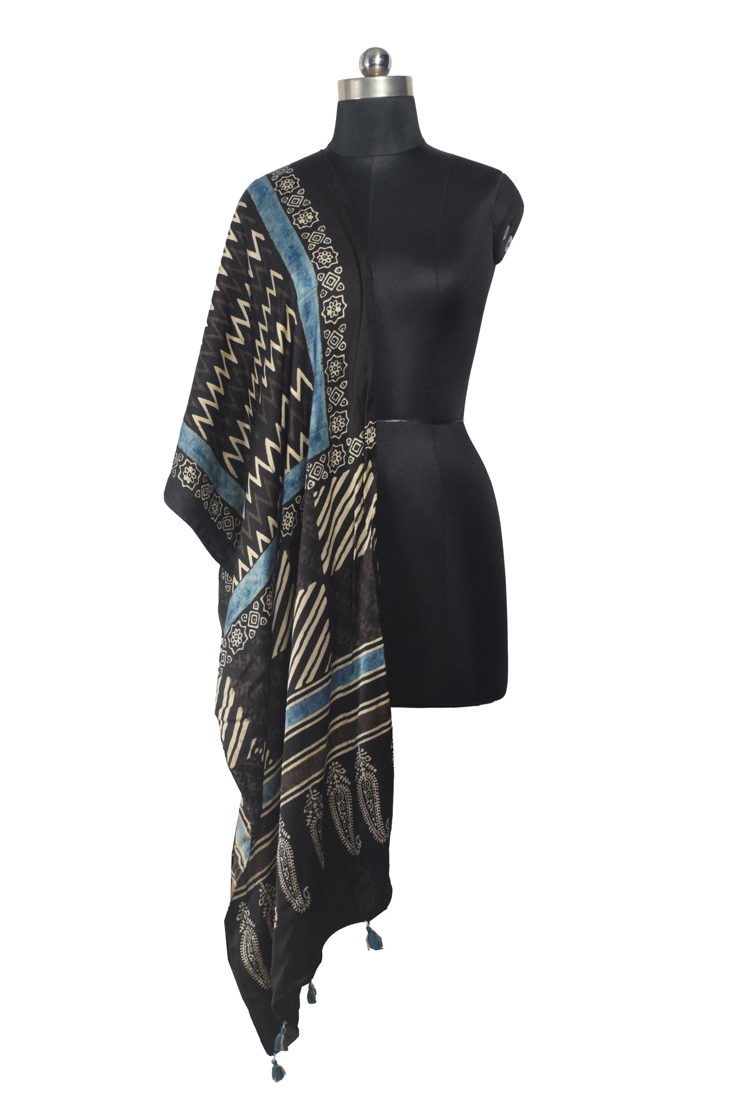 Ajrakh Modal Silk Natural Dye Hand Block Print Stole With Tassels - 2 Mtr Length    -  SKU : AI26901E