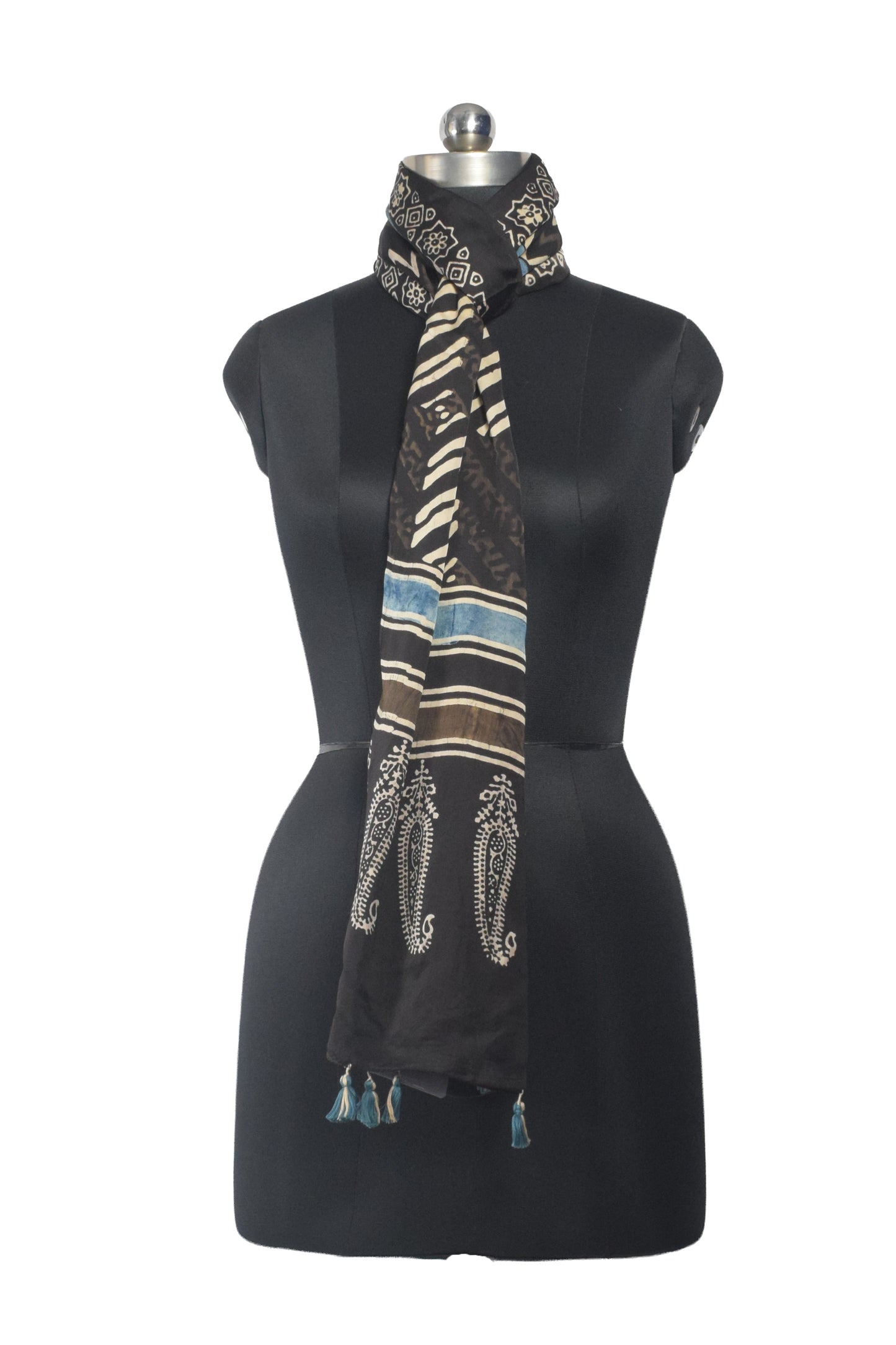 Ajrakh Modal Silk Natural Dye Hand Block Print Stole With Tassels - 2 Mtr Length    -  SKU : AI26901E