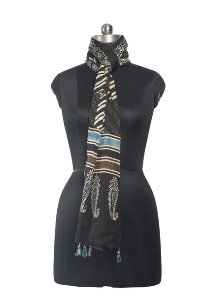 Ajrakh Modal Silk Natural Dye Hand Block Print Stole With Tassels - 2 Mtr Length    -  SKU : AI26901E