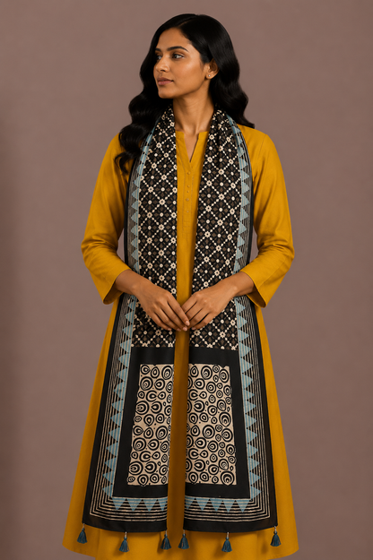 Ajrakh Modal Silk Natural Dye Hand Block Print Stole With Tassels - 2 Mtr Length    -  SKU : AI26901F