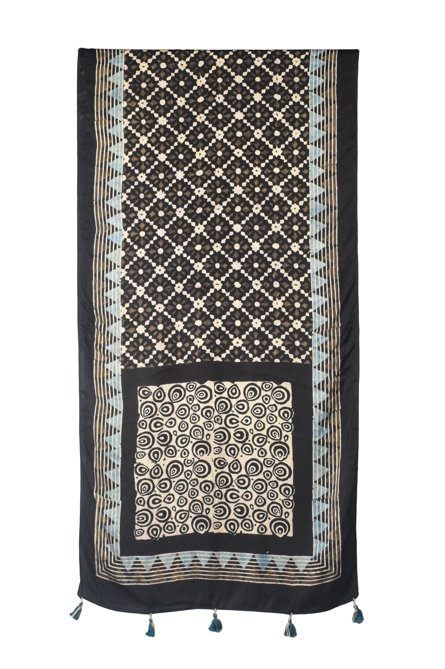 Ajrakh Modal Silk Natural Dye Hand Block Print Stole With Tassels - 2 Mtr Length    -  SKU : AI26901F