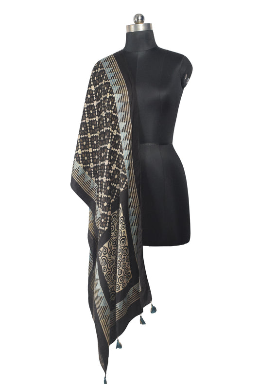 Ajrakh Modal Silk Natural Dye Hand Block Print Stole With Tassels - 2 Mtr Length    -  SKU : AI26901F