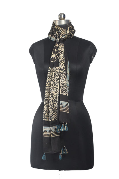 Ajrakh Modal Silk Natural Dye Hand Block Print Stole With Tassels - 2 Mtr Length    -  SKU : AI26901F