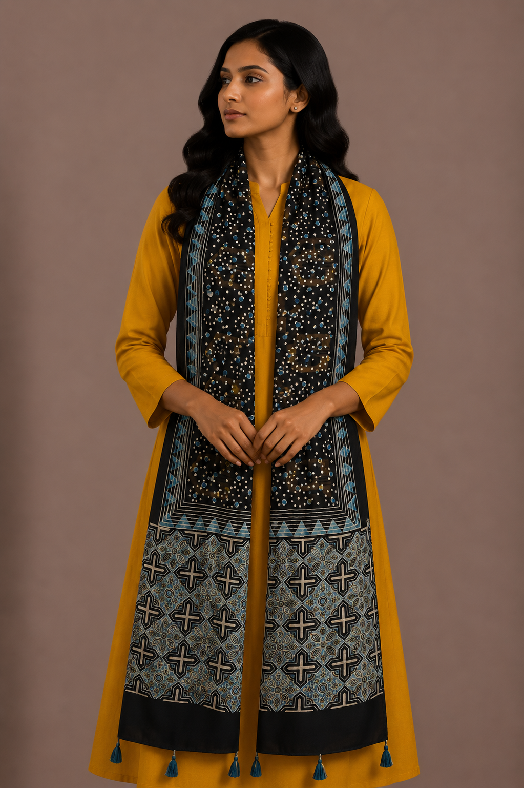 Ajrakh Modal Silk Natural Dye Hand Block Print Stole With Tassels - 2 Mtr Length    -  SKU : AI26901G