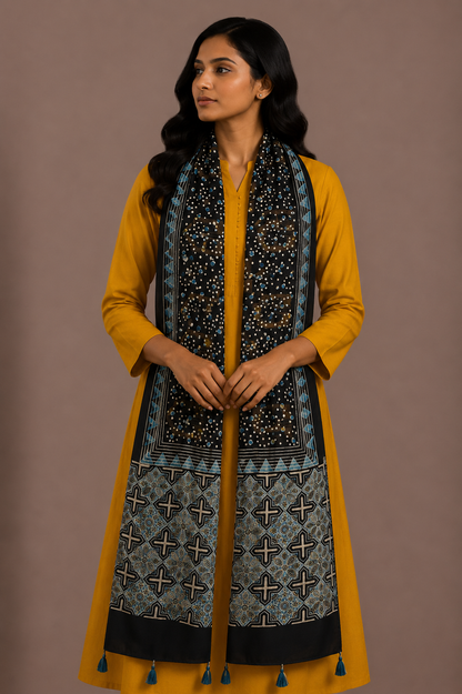 Ajrakh Modal Silk Natural Dye Hand Block Print Stole With Tassels - 2 Mtr Length    -  SKU : AI26901G