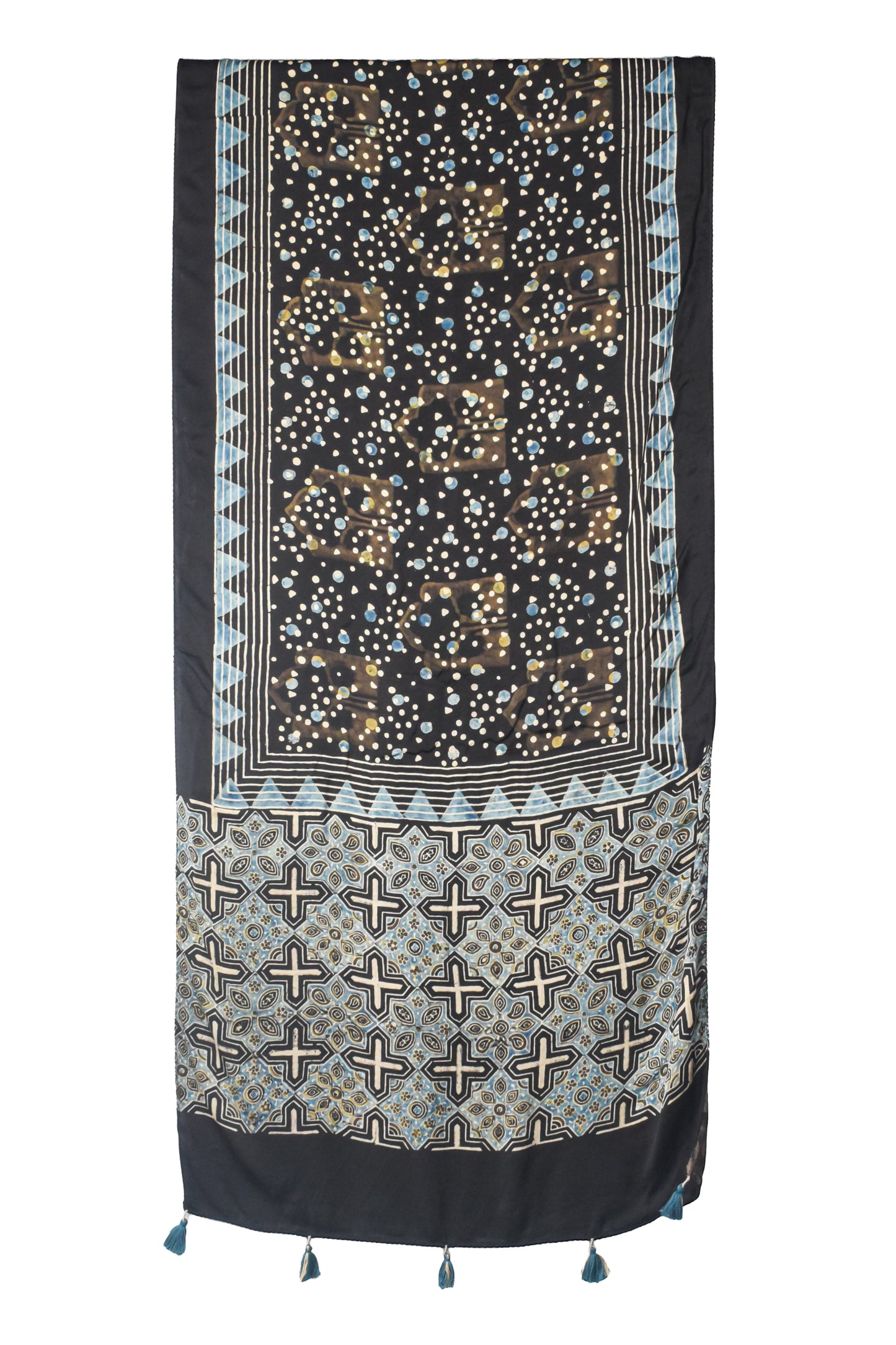 Ajrakh Modal Silk Natural Dye Hand Block Print Stole With Tassels - 2 Mtr Length    -  SKU : AI26901G