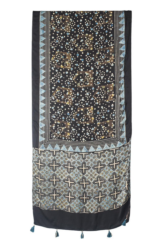 Ajrakh Modal Silk Natural Dye Hand Block Print Stole With Tassels - 2 Mtr Length    -  SKU : AI26901G