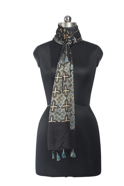 Ajrakh Modal Silk Natural Dye Hand Block Print Stole With Tassels - 2 Mtr Length    -  SKU : AI26901G