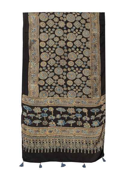 Ajrakh Modal Silk Natural Dye Hand Block Print Stole With Tassels     -  SKU : ID19601G