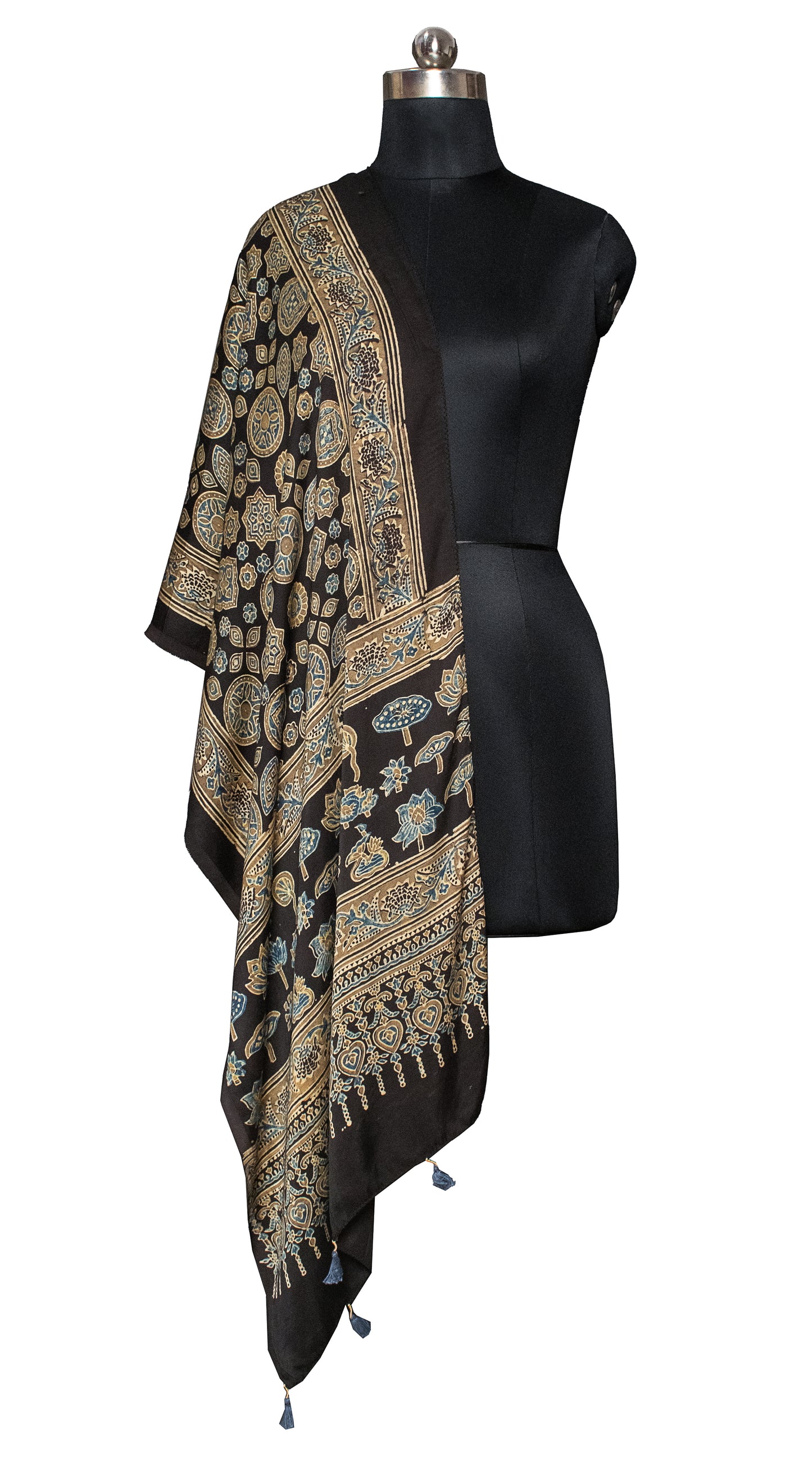 Ajrakh Modal Silk Natural Dye Hand Block Print Stole With Tassels     -  SKU : ID19601G