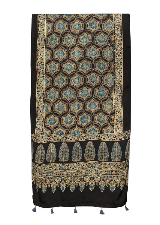 Ajrakh Modal Silk Natural Dye Hand Block Print Stole With Tassels     -  SKU : ID19601I