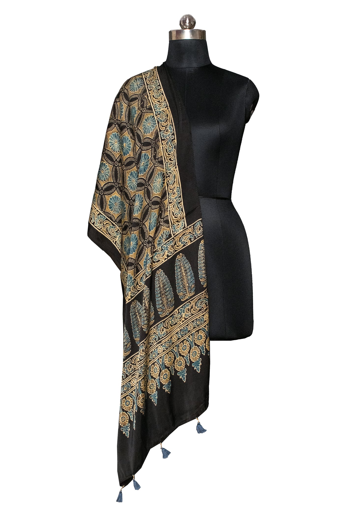 Ajrakh Modal Silk Natural Dye Hand Block Print Stole With Tassels     -  SKU : ID19601I