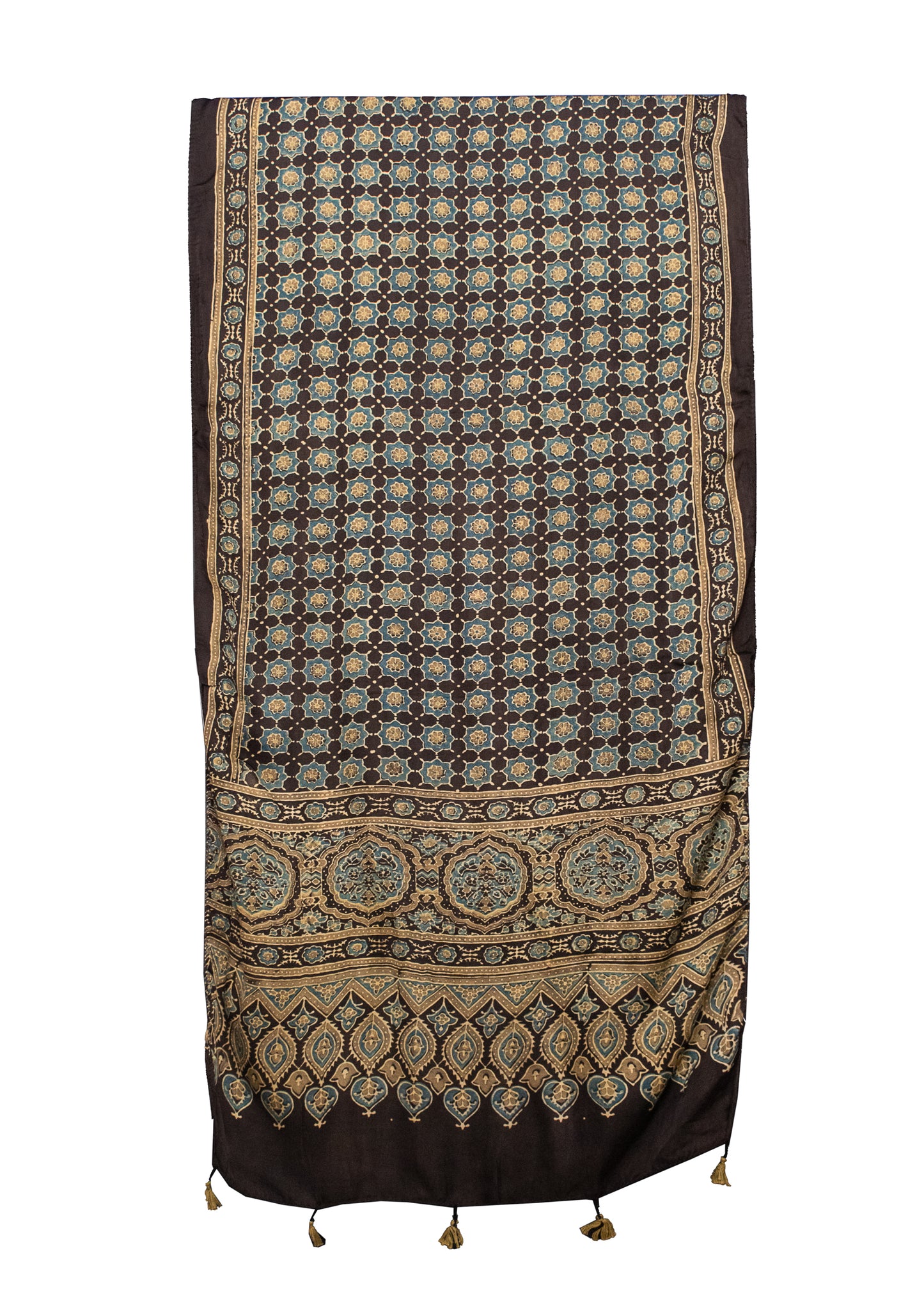 Ajrakh Modal Silk Natural Dye Hand Block Print Stole With Tassels - 2 Mtr Length    -  SKU : MS12A0AF