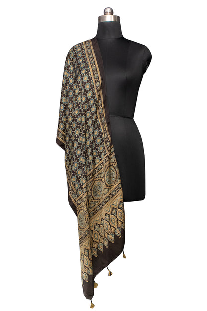 Ajrakh Modal Silk Natural Dye Hand Block Print Stole With Tassels - 2 Mtr Length    -  SKU : MS12A0AF