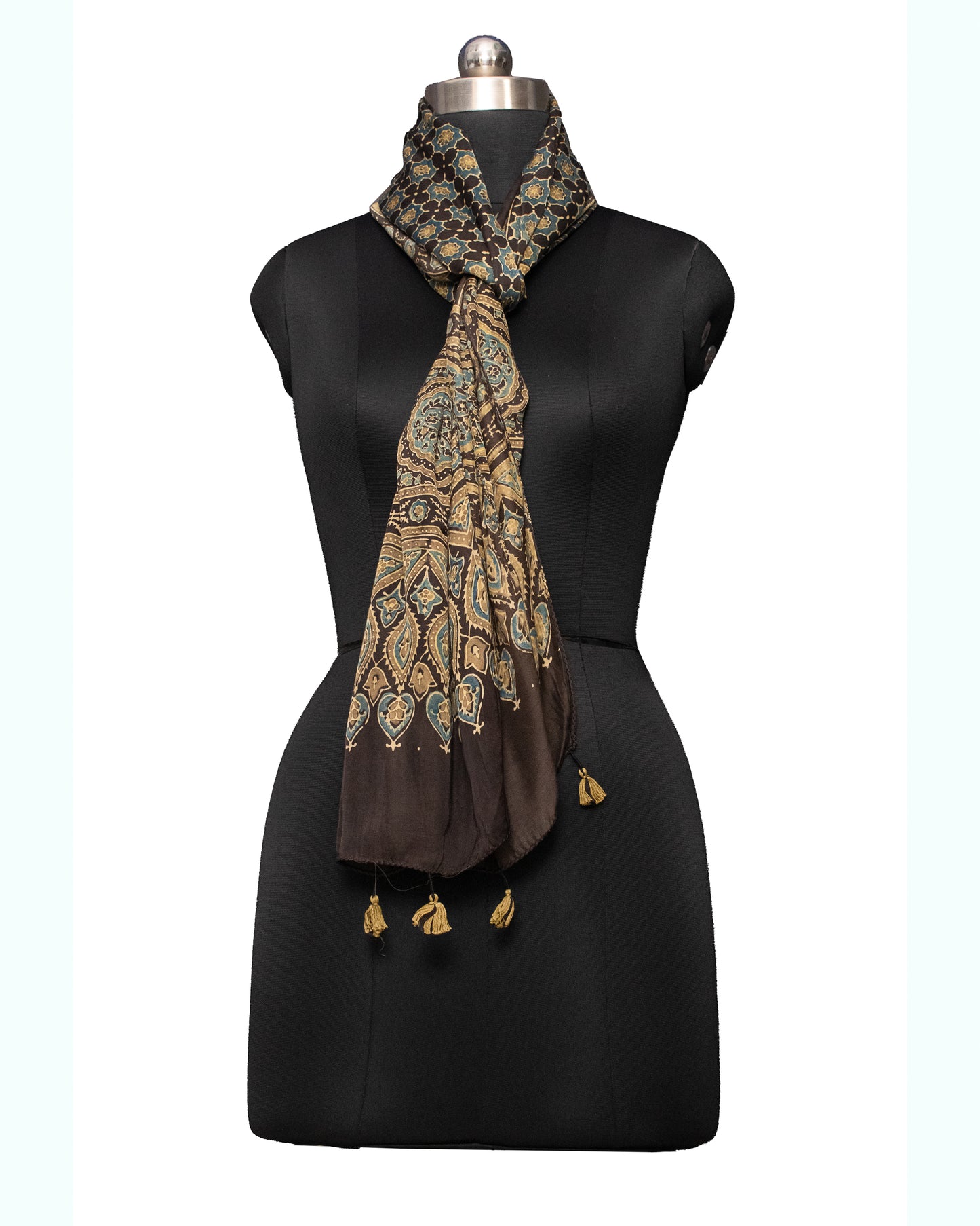 Ajrakh Modal Silk Natural Dye Hand Block Print Stole With Tassels - 2 Mtr Length    -  SKU : MS12A0AF