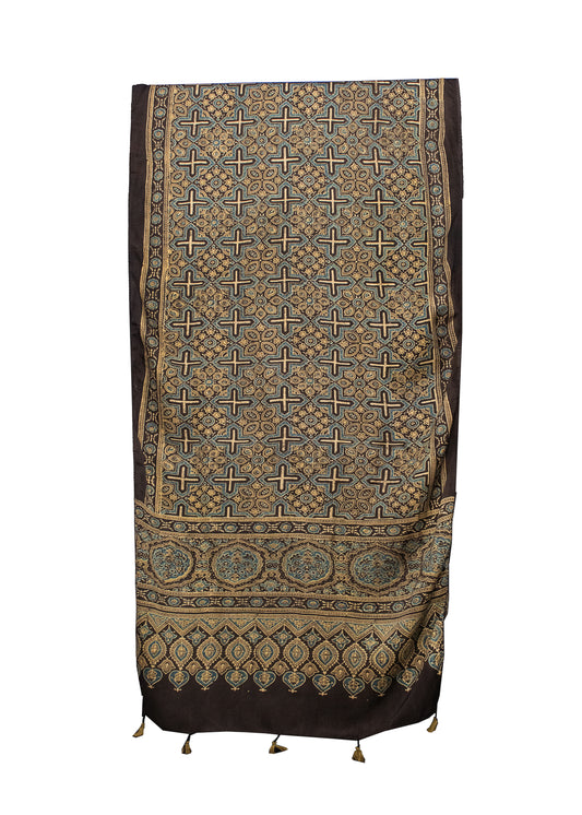 Ajrakh Modal Silk Natural Dye Hand Block Print Stole With Tassels - 2 Mtr Length    -  SKU : MS12A0AG