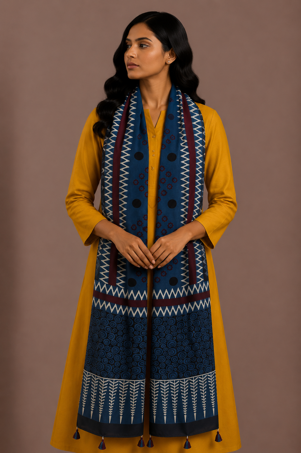 Ajrakh Modal Silk Natural Dye Hand Block Print Stole With Tassels - 2 Mtr Length    -  SKU : AI26901U