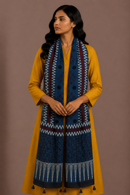 Ajrakh Modal Silk Natural Dye Hand Block Print Stole With Tassels - 2 Mtr Length    -  SKU : AI26901U