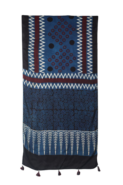 Ajrakh Modal Silk Natural Dye Hand Block Print Stole With Tassels - 2 Mtr Length    -  SKU : AI26901U