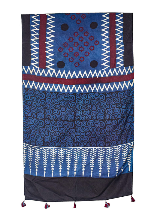 Ajrakh Modal Silk Natural Dye Hand Block Print Stole With Tassels - 2 Mtr Length    -  SKU : AI26901U