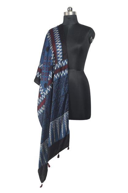 Ajrakh Modal Silk Natural Dye Hand Block Print Stole With Tassels - 2 Mtr Length    -  SKU : AI26901U