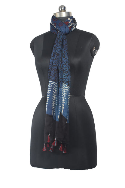 Ajrakh Modal Silk Natural Dye Hand Block Print Stole With Tassels - 2 Mtr Length    -  SKU : AI26901U