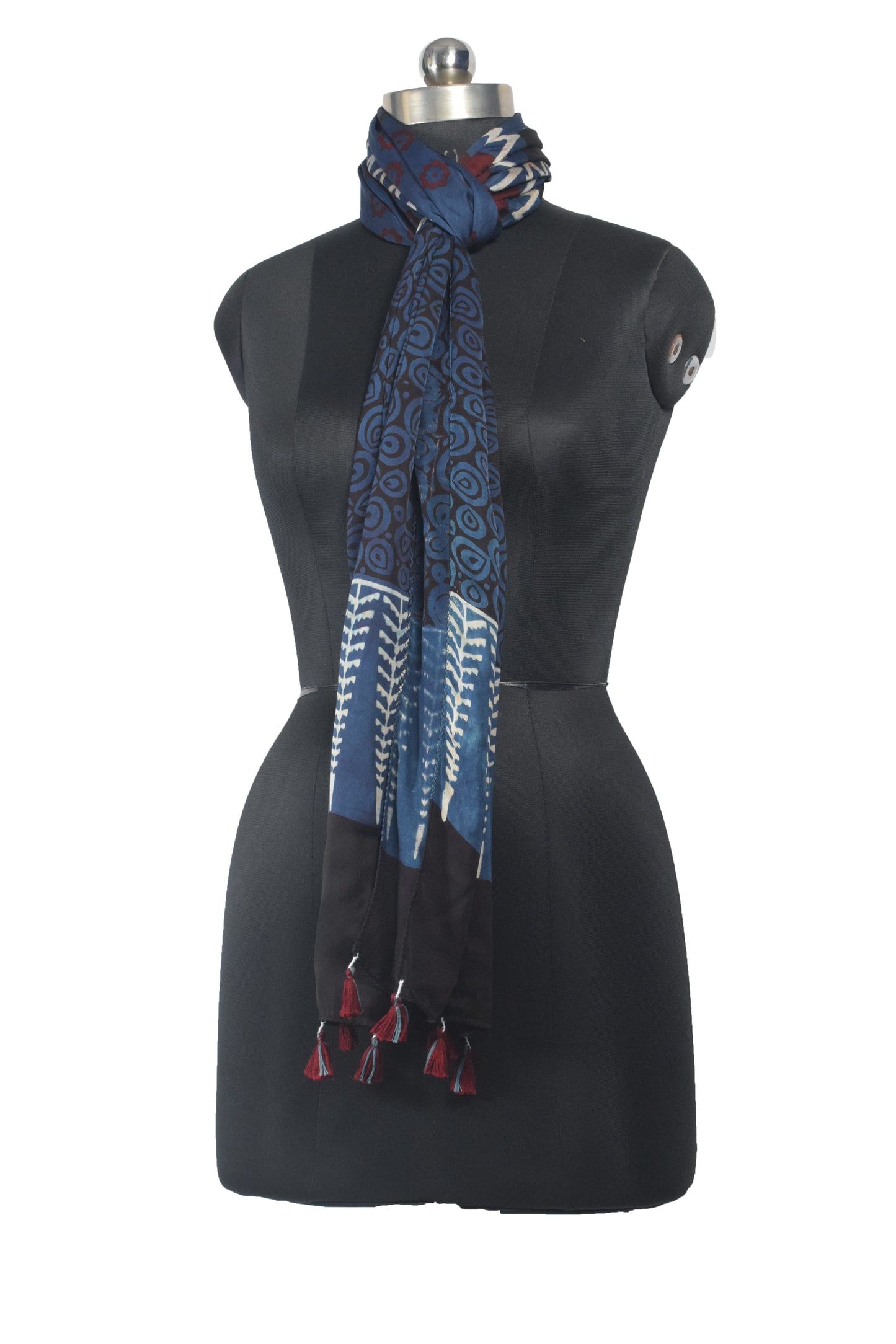 Ajrakh Modal Silk Natural Dye Hand Block Print Stole With Tassels - 2 Mtr Length    -  SKU : AI26901U