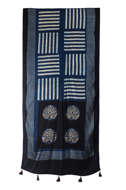 Ajrakh Modal Silk Natural Dye Hand Block Print Stole With Tassels - 2 Mtr Length    -  SKU : AI26901V