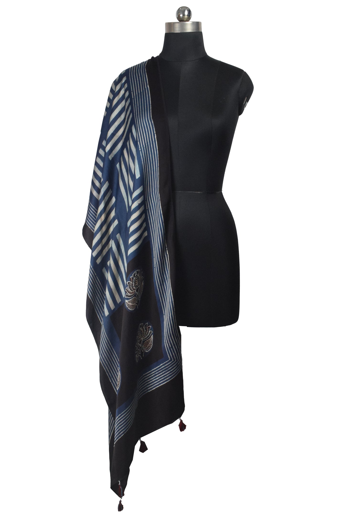 Ajrakh Modal Silk Natural Dye Hand Block Print Stole With Tassels - 2 Mtr Length    -  SKU : AI26901V