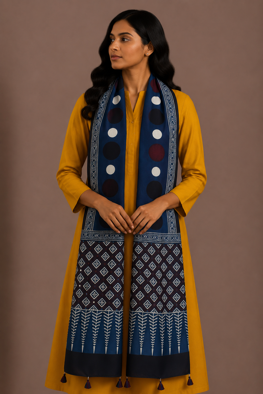 Ajrakh Modal Silk Natural Dye Hand Block Print Stole With Tassels - 2 Mtr Length    -  SKU : AI26901W