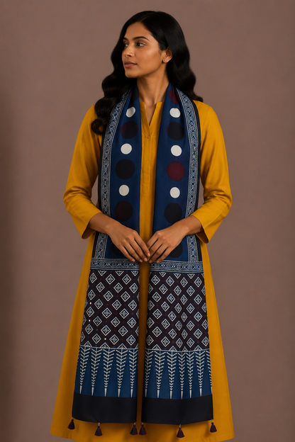 Ajrakh Modal Silk Natural Dye Hand Block Print Stole With Tassels - 2 Mtr Length    -  SKU : AI26901W