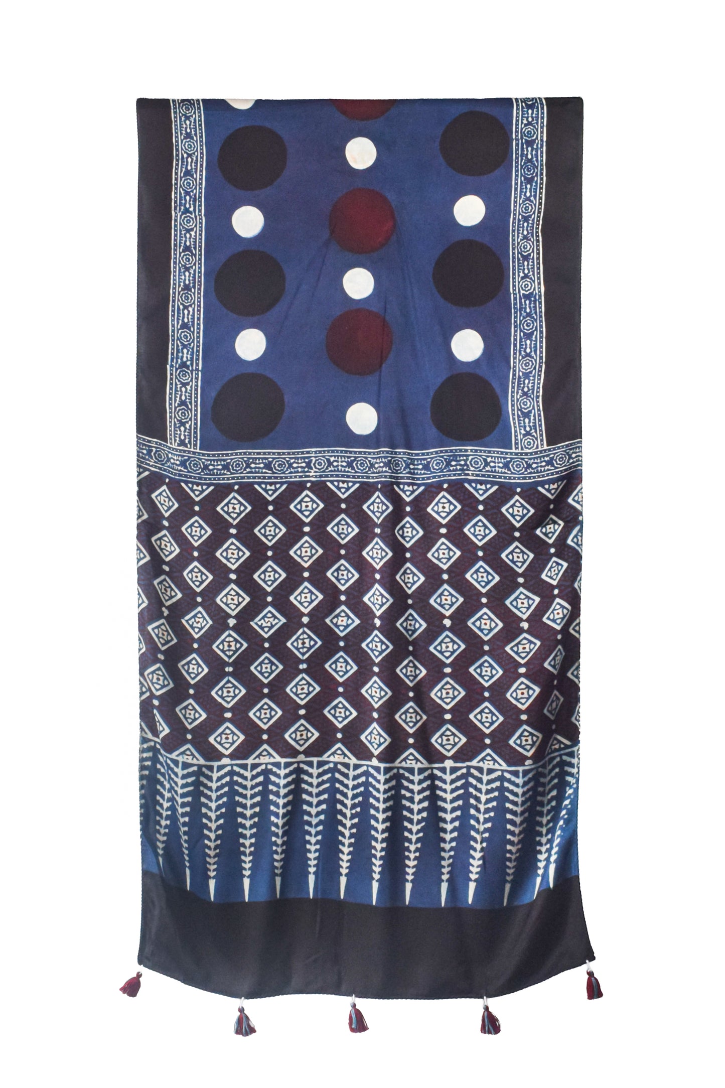 Ajrakh Modal Silk Natural Dye Hand Block Print Stole With Tassels - 2 Mtr Length    -  SKU : AI26901W