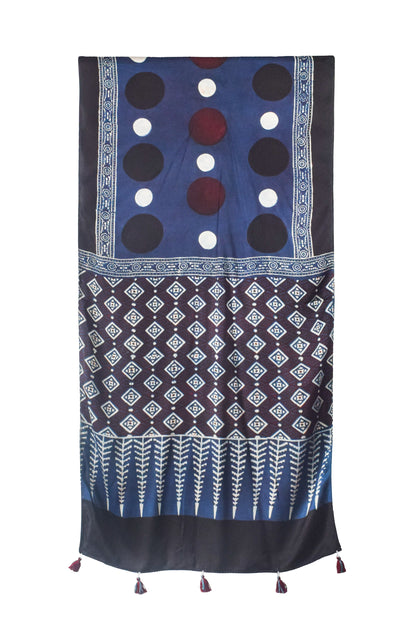 Ajrakh Modal Silk Natural Dye Hand Block Print Stole With Tassels - 2 Mtr Length    -  SKU : AI26901W