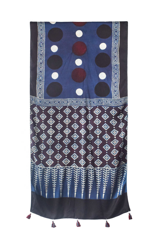 Ajrakh Modal Silk Natural Dye Hand Block Print Stole With Tassels - 2 Mtr Length    -  SKU : AI26901W