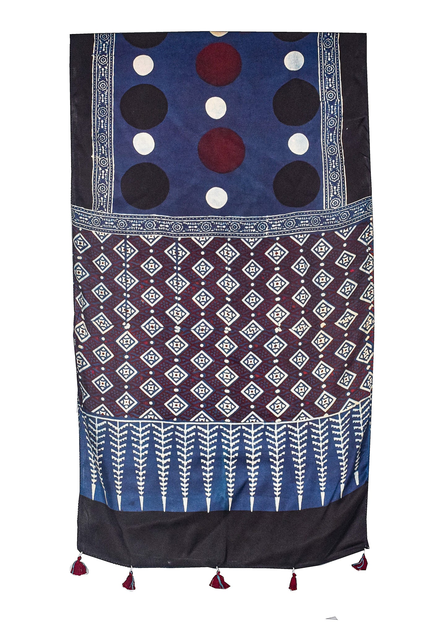 Ajrakh Modal Silk Natural Dye Hand Block Print Stole With Tassels - 2 Mtr Length    -  SKU : AI26901W