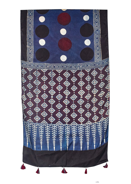 Ajrakh Modal Silk Natural Dye Hand Block Print Stole With Tassels - 2 Mtr Length    -  SKU : AI26901W
